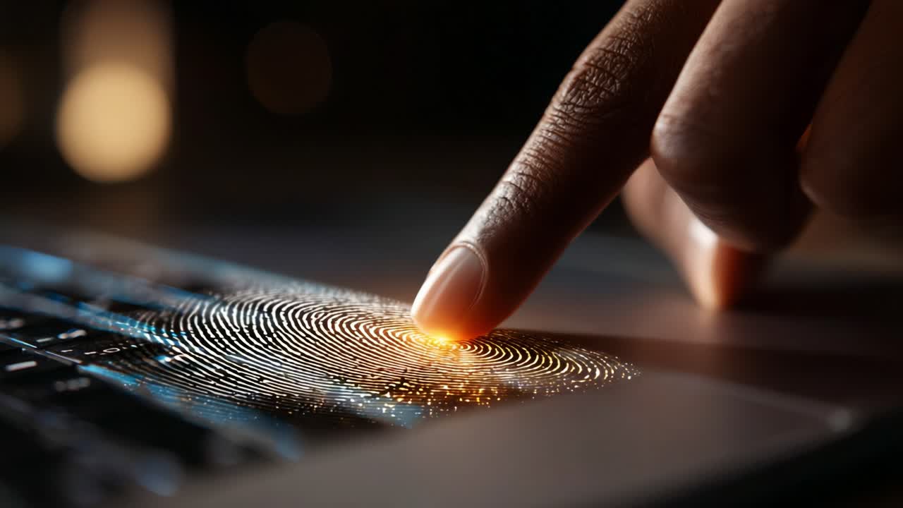 Exploring the Future of Security: A Close-Up View of Biometric Fingerprint Recognition Technology, Highlighting the Intricate Details of a Finger Pressing a Button on a Keyboard