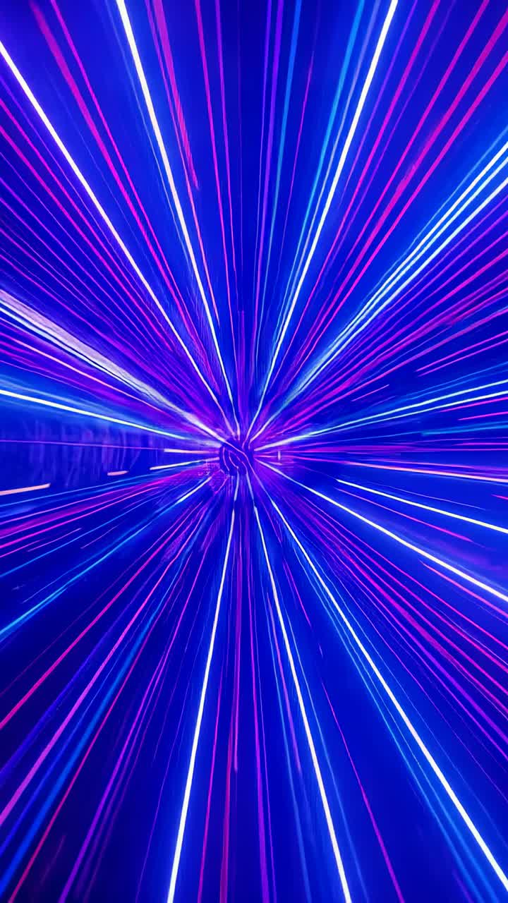 Vertical video: Bursting neon light rays pulsing in dark void with blue and purple beams