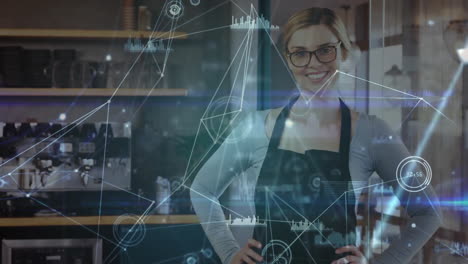 animation of network of connections with data processing over caucasian female barista