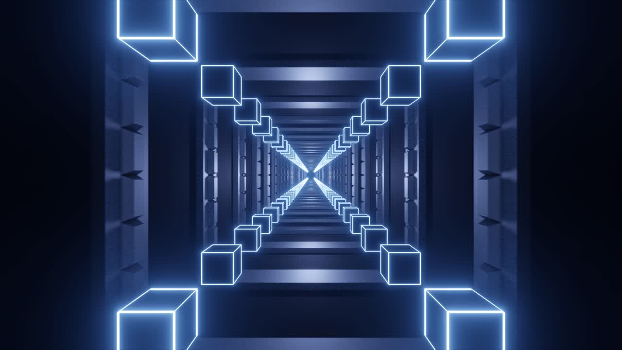 3D render of glowing blue cubes tunnel design
