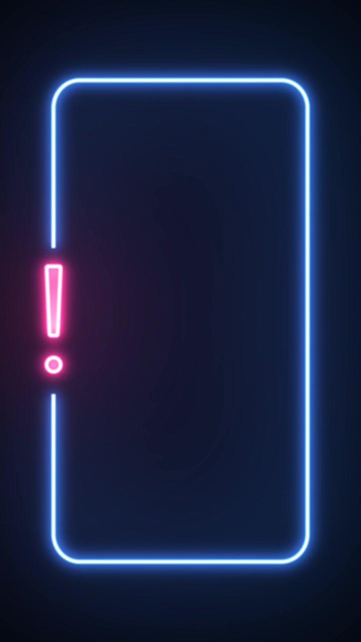 Cornice al neon blu con punto esclamativo rosa che si anima su sfondo scuro in formato verticale. Bordo ritratto arrotondato luminoso per avvisi, promozioni e grafiche per social media ottimizzate per dispositivi mobili