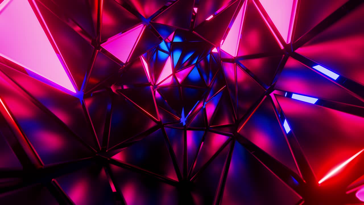 vuelo a través de un túnel de triángulos brillantes. animación en bucle