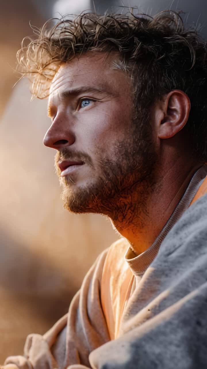 Un momento contemplativo catturato in una luce straordinaria, che mette in risalto un uomo assorto in una profonda riflessione, enfatizzando l'emozione e la bellezza dell'illuminazione naturale