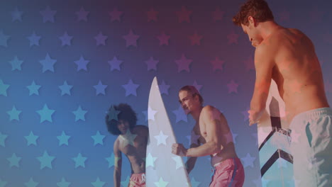 animation of american flag pattern over friends with surfboards on beach