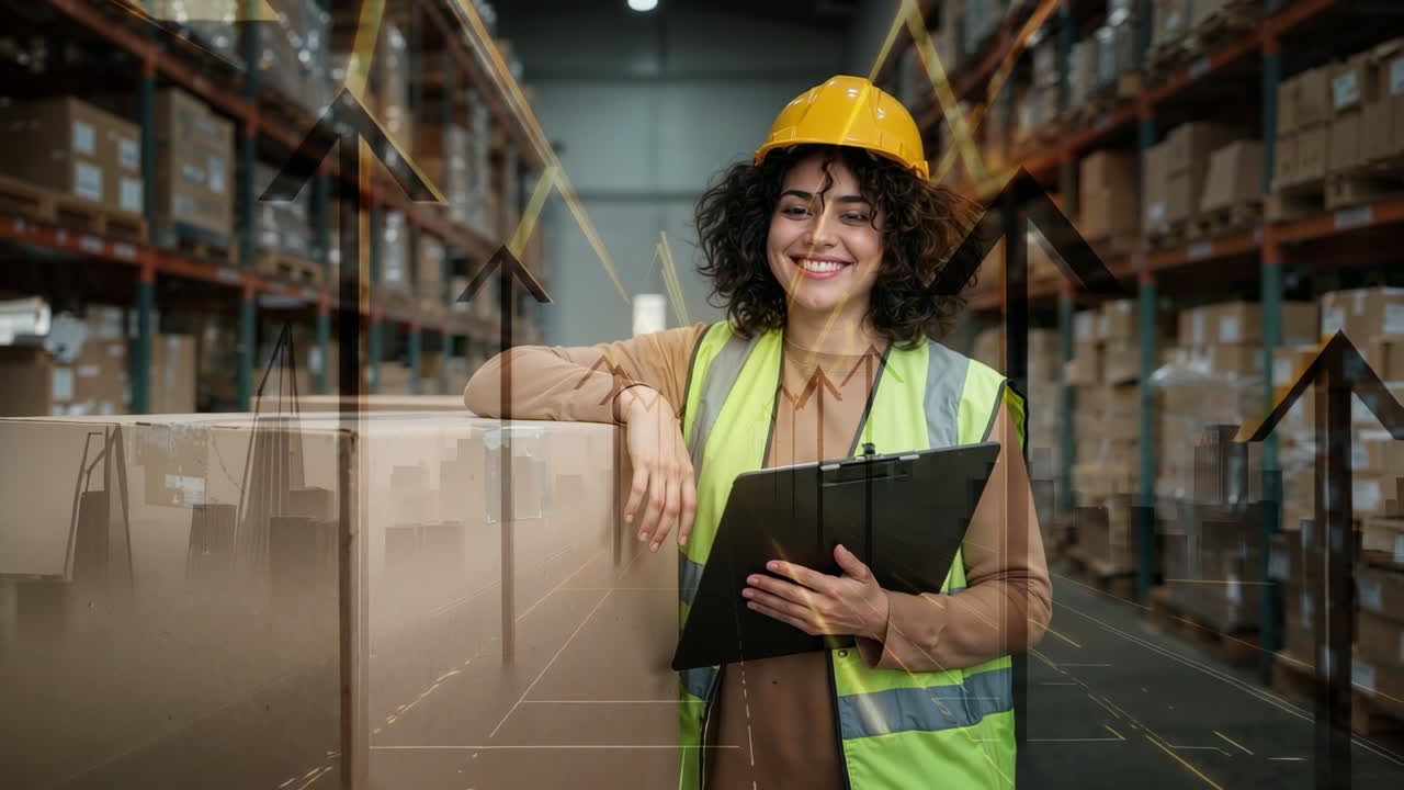 Smiling Female Warehouse Worker with Growth Overlays