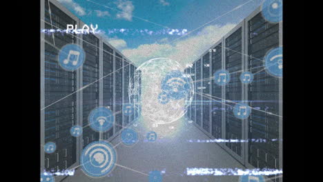 animation of play interface screen and network of connections with globe over computer servers