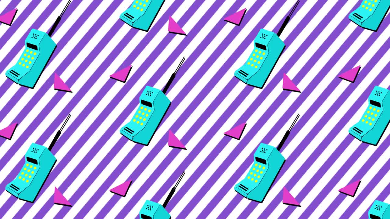 Animation of retro mobile phone with pink triangles moving on purple and white stripes