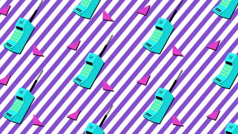 animation of retro mobile phone with pink triangles moving on purple and white stripes