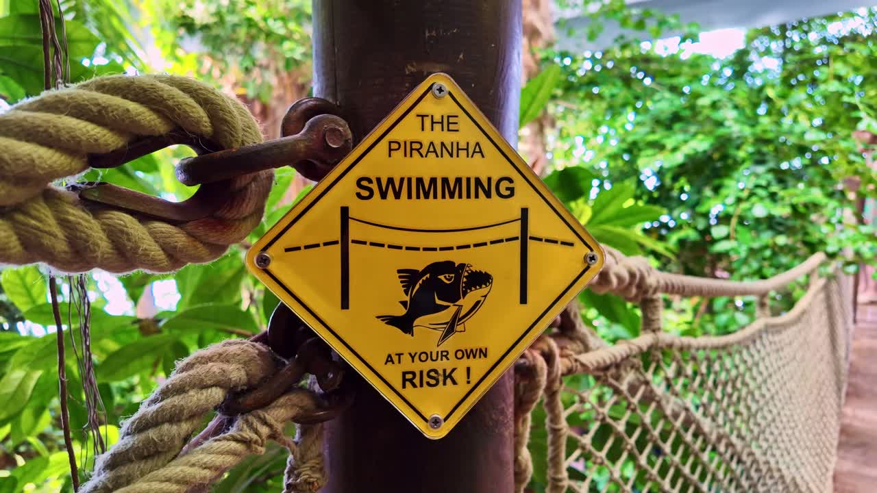 Static shot of a yellow warning sign about piranhas on a rope bridge surrounded by lush vegetation