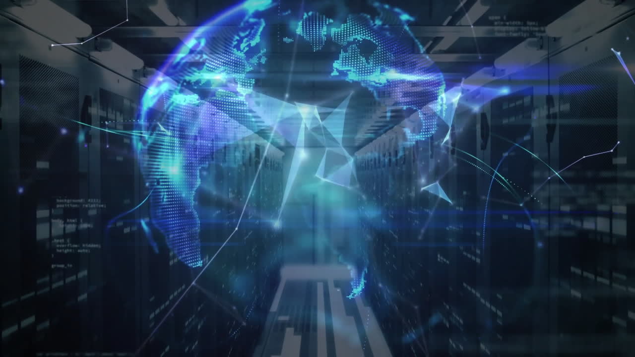 Digital world map and data network animation over server room environment