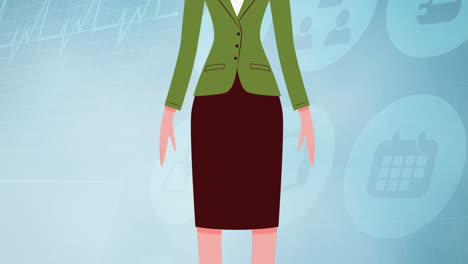 animation of woman wearing face mask icon over digital icons on blue background