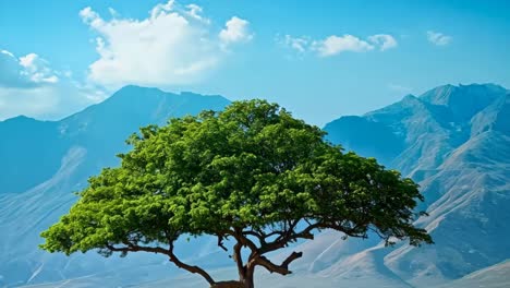 a lone tree in the middle of a desert with mountains in the background