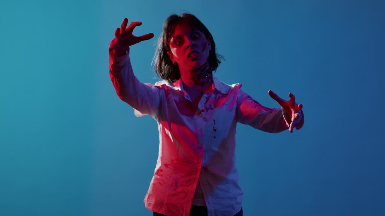 Scary brain-eating zombie surrounded by police force on blue background