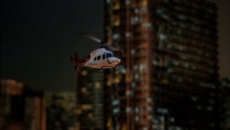 slow motion helicopter near skyscrapers at night