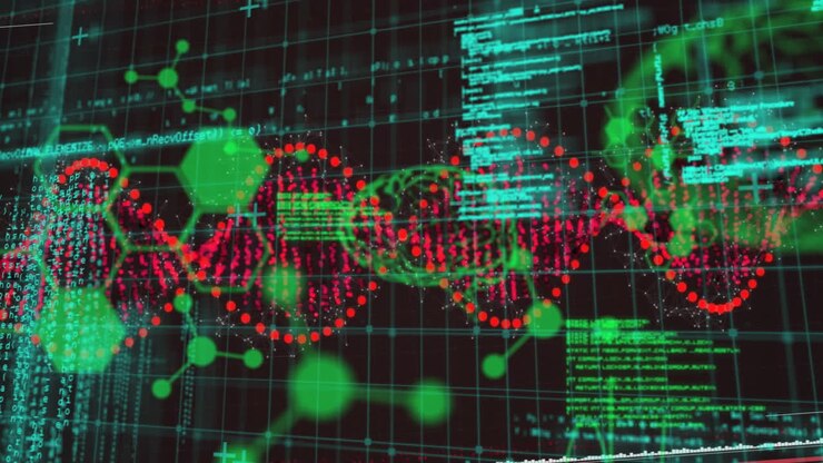 Animation of digital brain and dna strand over data processing