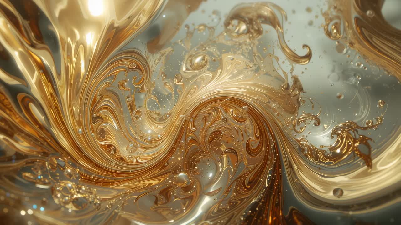 Spawning golden liquid vortex rotating in abstract space, with metallic droplets showing fluid flow