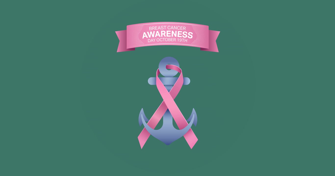 Banner di testo per la sensibilizzazione sul cancro con nastro rosa sopra l'icona dell'ancora su sfondo viola.