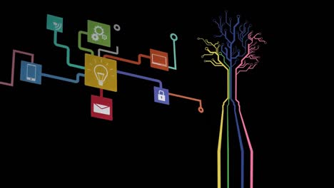 animación de un árbol hecho de líneas amarillas, azules y rosadas con una red de conexiones