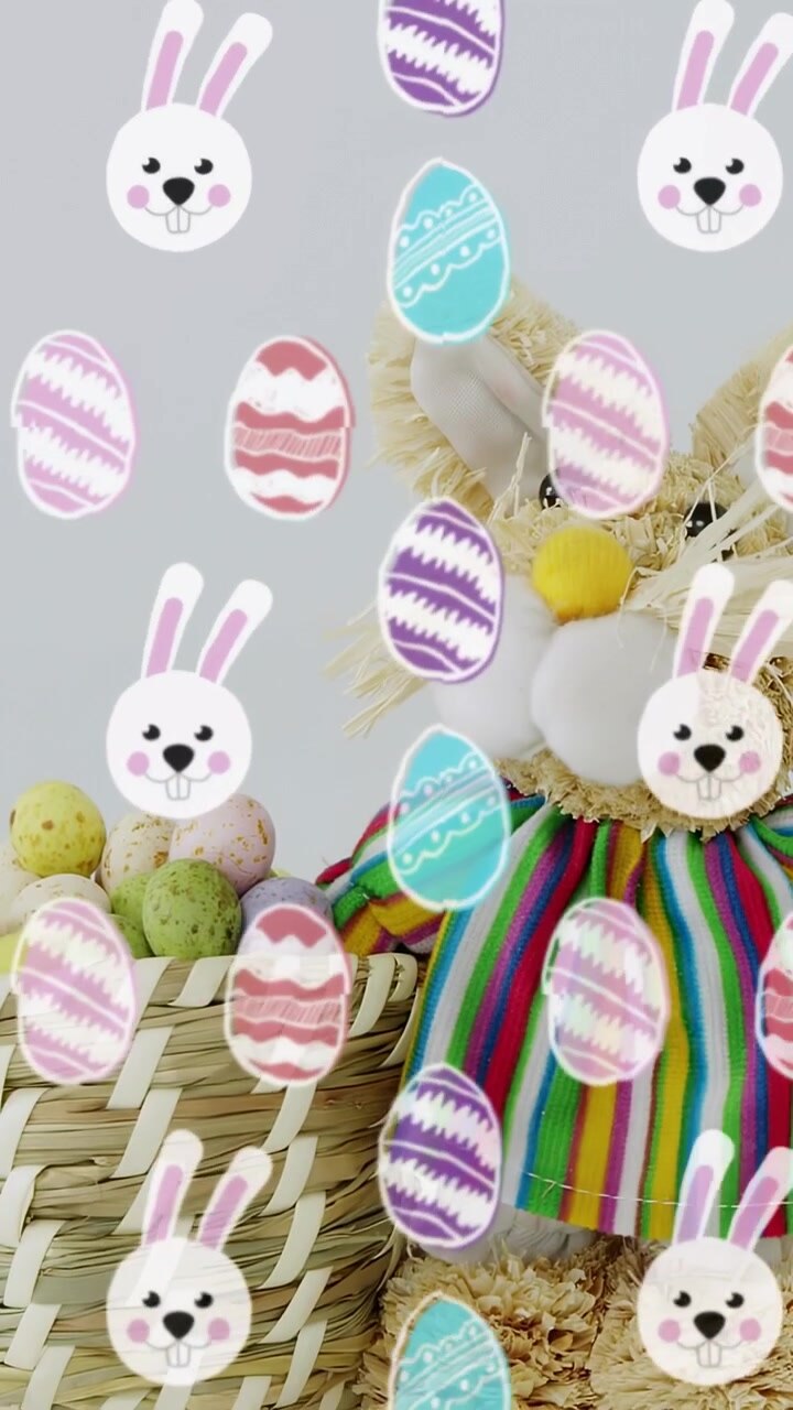 Plush entering lower-right via pan, repeating overlay partially covering pastel eggs for retail