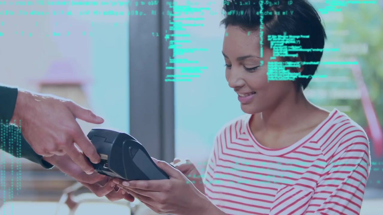 Animation of data processing over woman paying with credit card