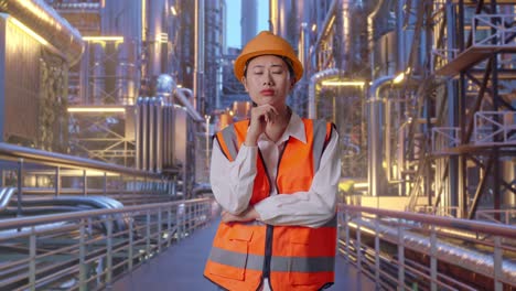 asian female engineer with safety helmet thinking and looking around then raising her index finger while standing at a vast oil refinery