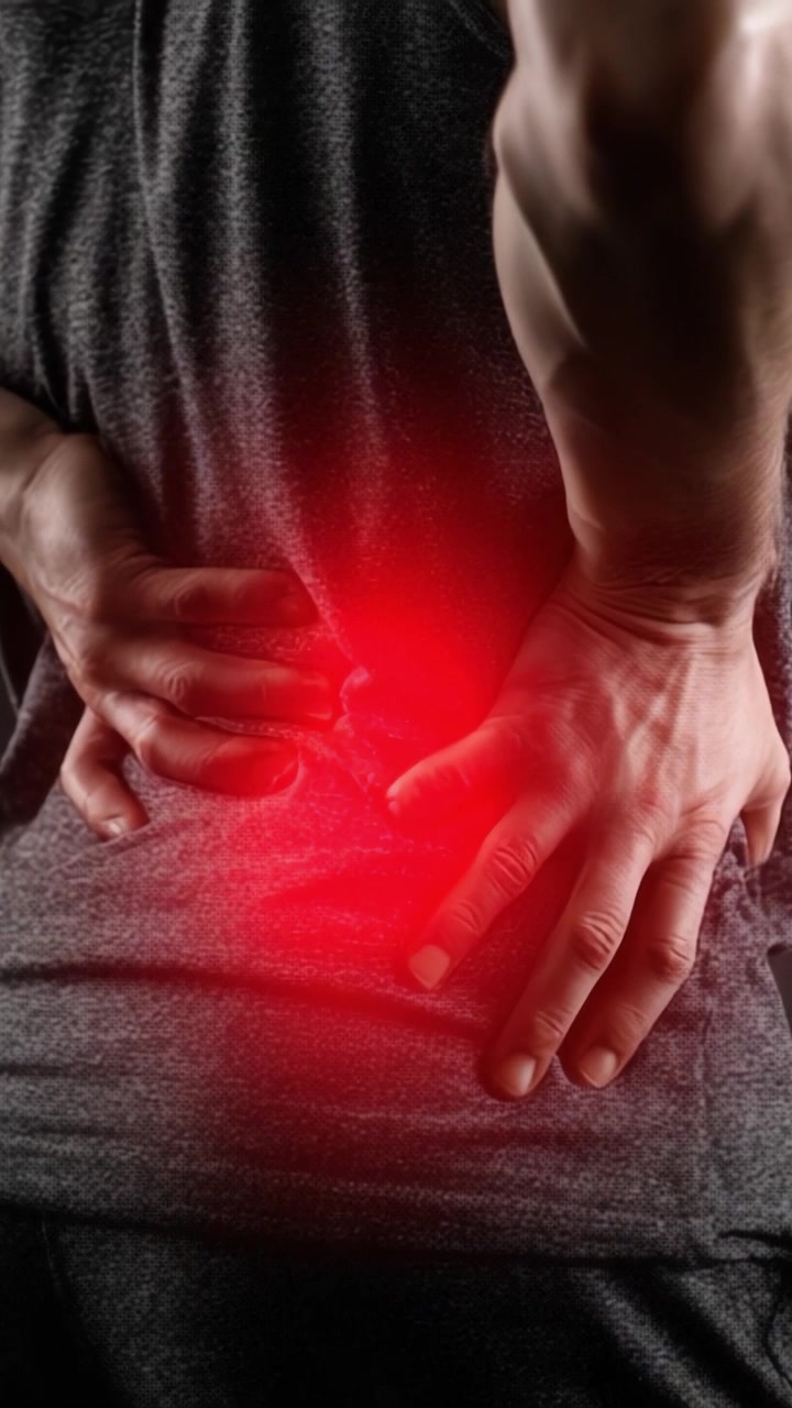 痛みと不快感を示す赤い光に照らされ、腰痛に苦しむ男性が腰を押さえている様子。腰痛の緩和と治療の難しさを表現。