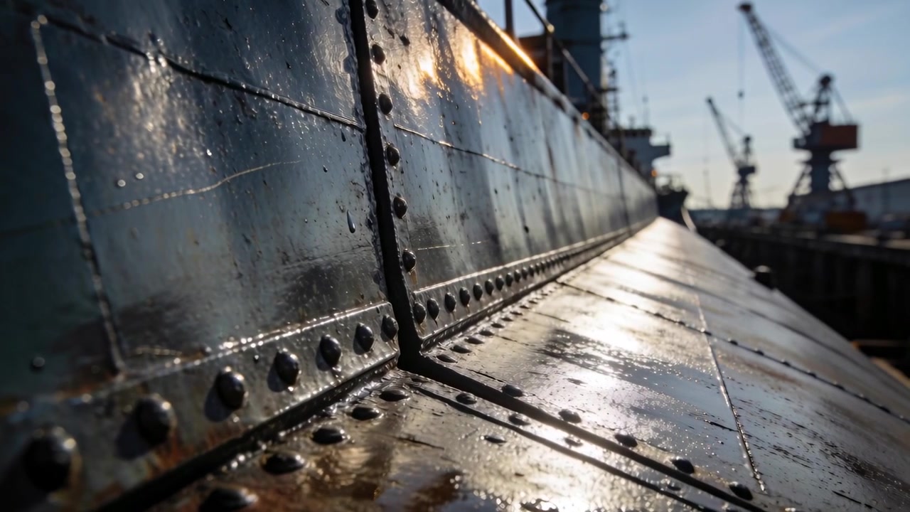 Tracking riveted metal hull at dock while camera operator pushing, revealing wet seam rivets