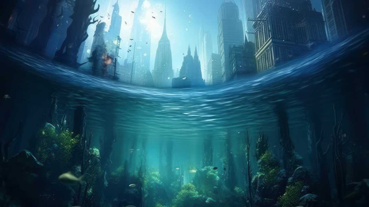 Eine surreale Unterwasser-Stadtlandschaft, von unten betrachtet, die eine versunkene Stadtsilhouette einfängt.