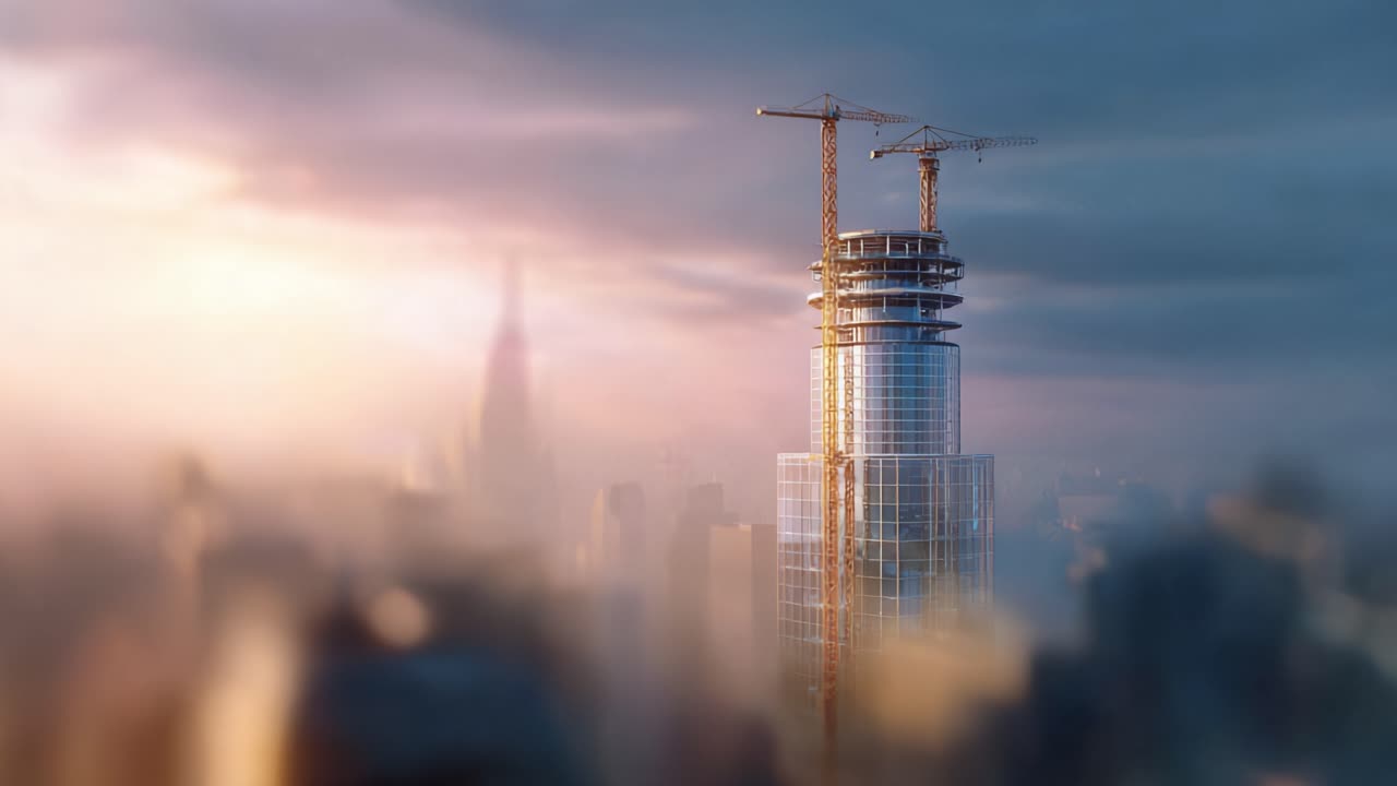 A stunning skyline view captures a new skyscraper under construction, showcasing cranes against a beautiful twilight backdrop in an urban environment