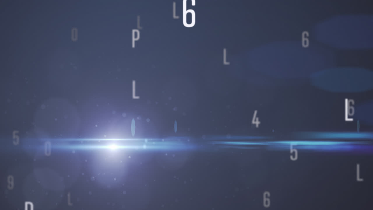 Digital animation of random alphabets and numbers moving and changing agains blue background