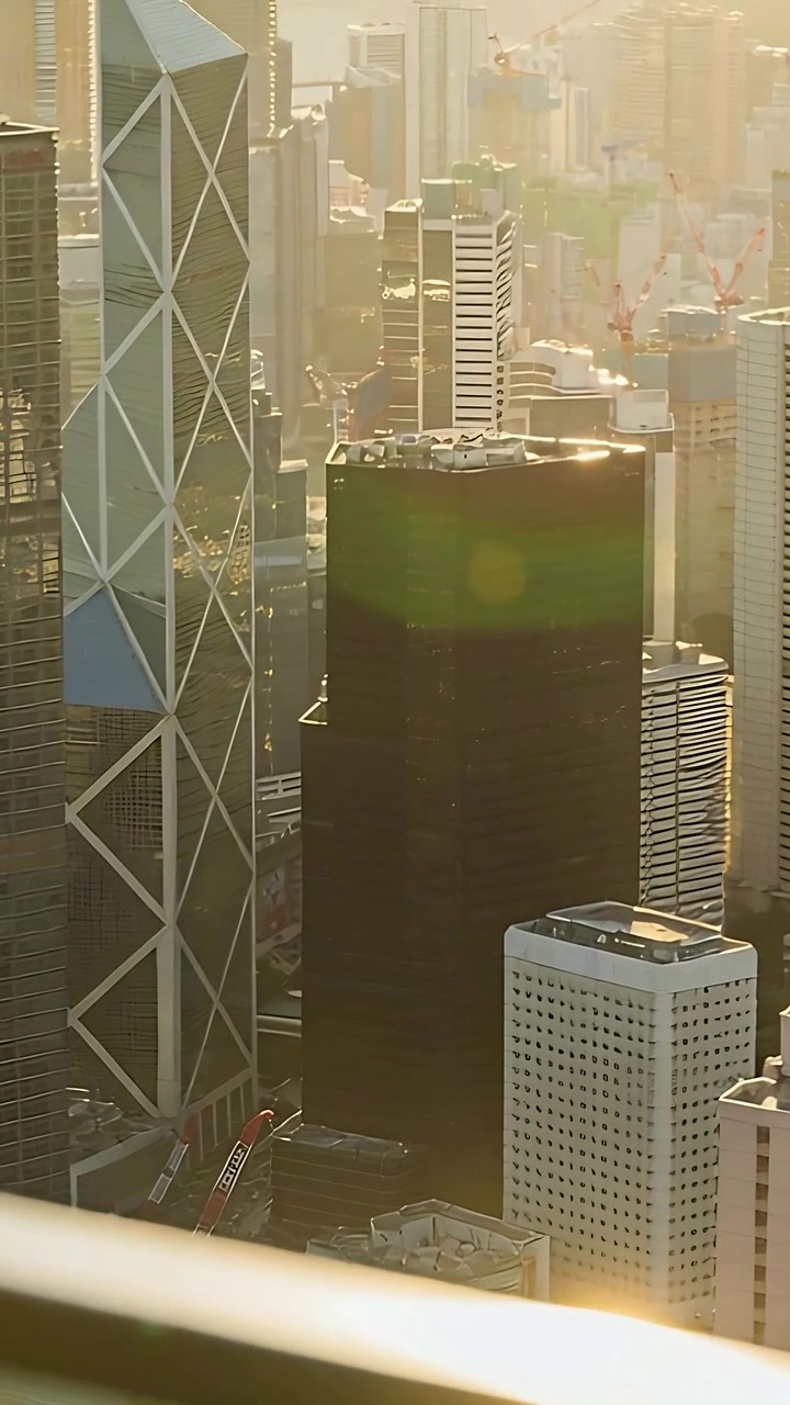 Vídeo vertical: Câmera inclinando enquanto o sol brilha, revelando telhados de um deque com grade e reflexo de luz.
