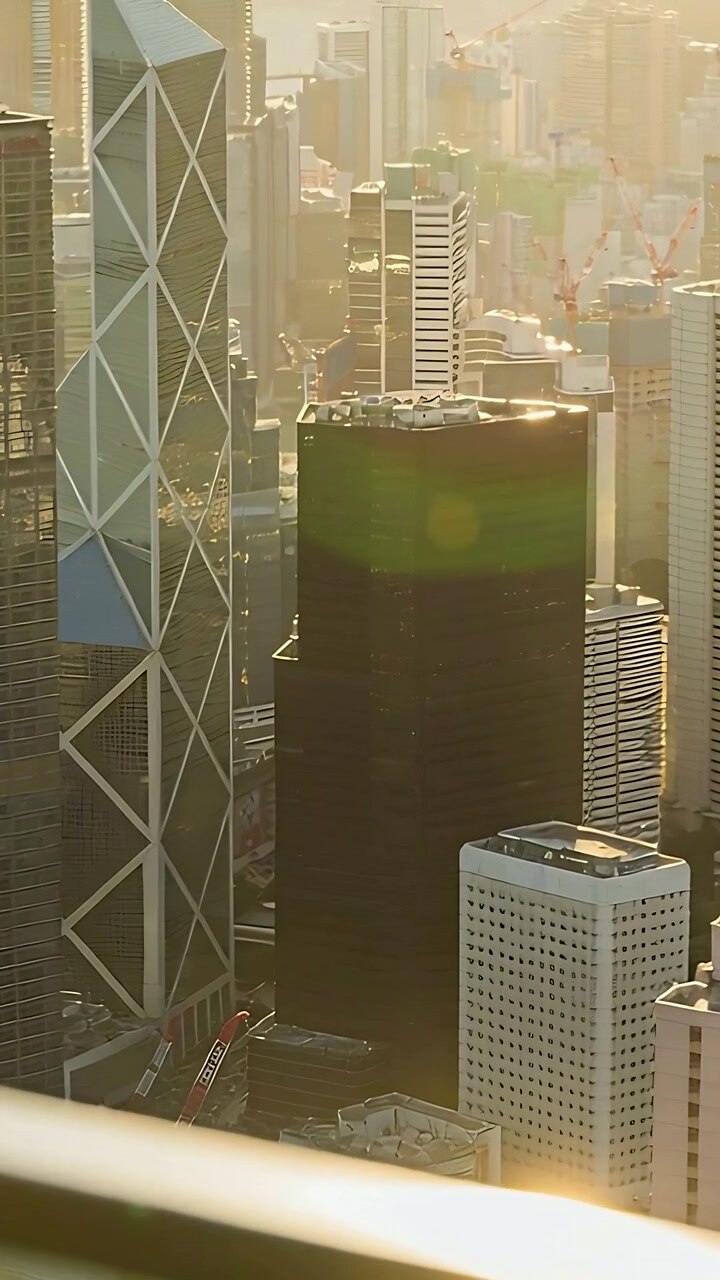 Vídeo vertical: Câmera inclinando enquanto o sol brilha, revelando telhados de um deque com grade e reflexo de luz.