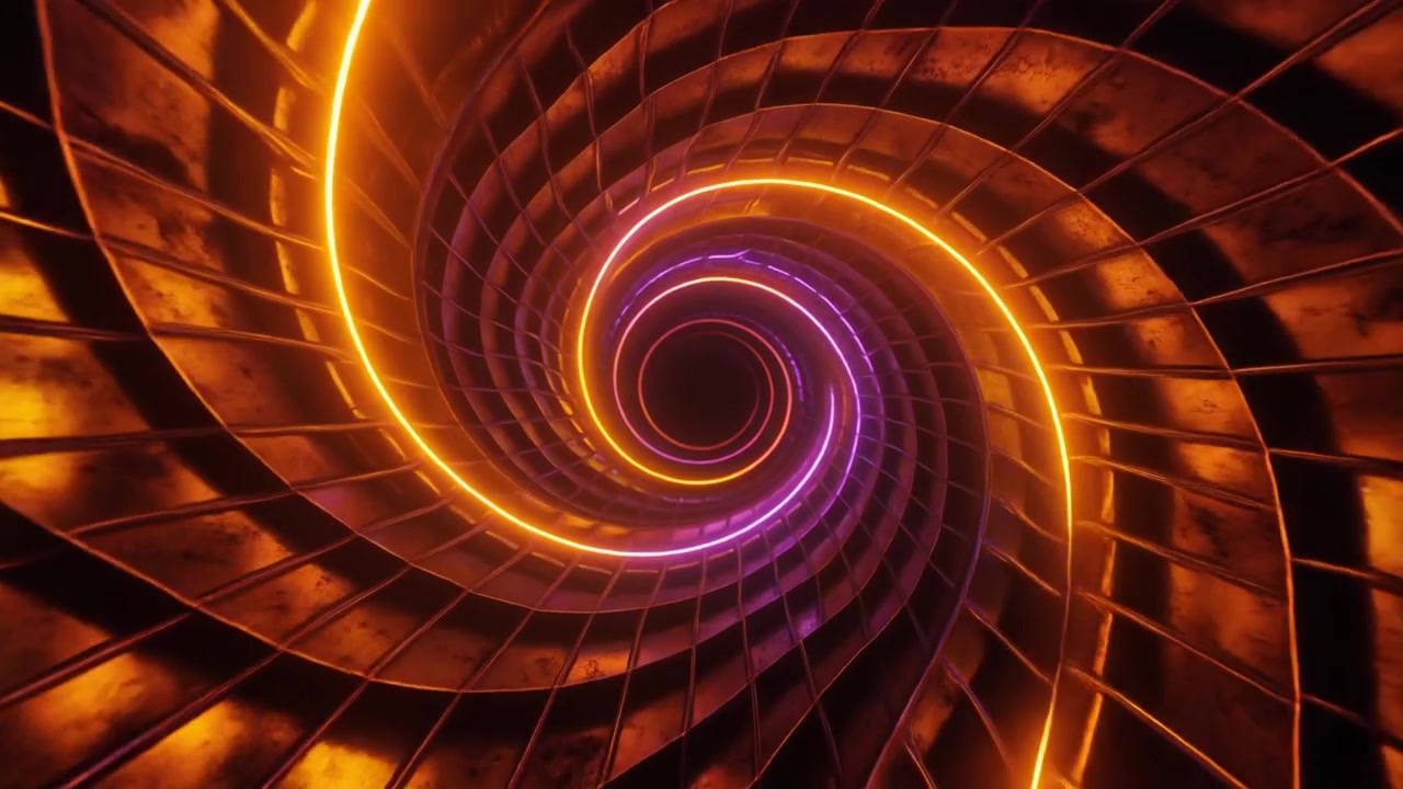 Tunnel astratto con luci a spirale neon arancioni e viola luminose