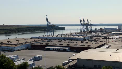 establishing aerial shot of quiet port in united states, shut down due to coronavirus, covid-19