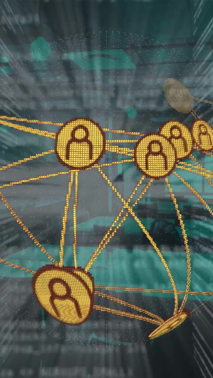 Vídeo vertical: Rede de nós dourados girando e pulsando em tecnologia azul-petróleo, a câmera se fechando e revelando conexões.