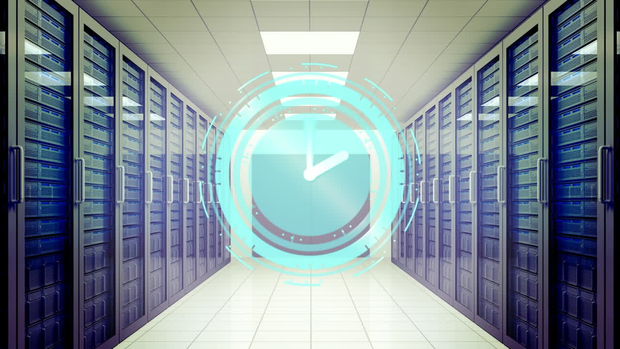 animación del reloj en movimiento sobre la sala del servidor