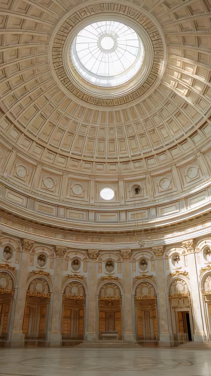 Vertical video: Tilting camera showing rotunda interior, with marble floor, columns, dome skylight