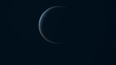 3d animation showing a crescent moon dimly lit in space