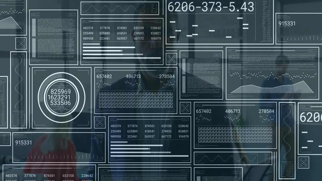 Transparent panels fading animating business charts as four professionals walking reviewing metrics