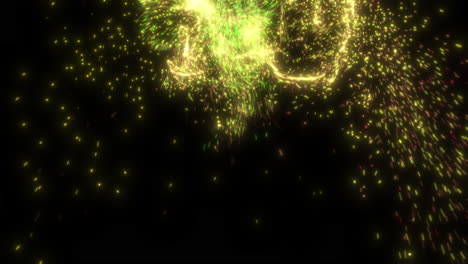la corriente de partículas de fluido verde y naranja brillante crea burbujas y se convierte en un frenesí con colores brillantes y vibrantes - simulación cgi 4k