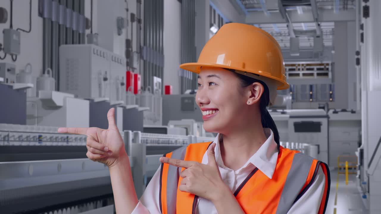 Close Up Of Asian Female Engineer With Safety Helmet Smiling And Pointing To Side At Pharmaceutical Factory, Vaccine Production Facility