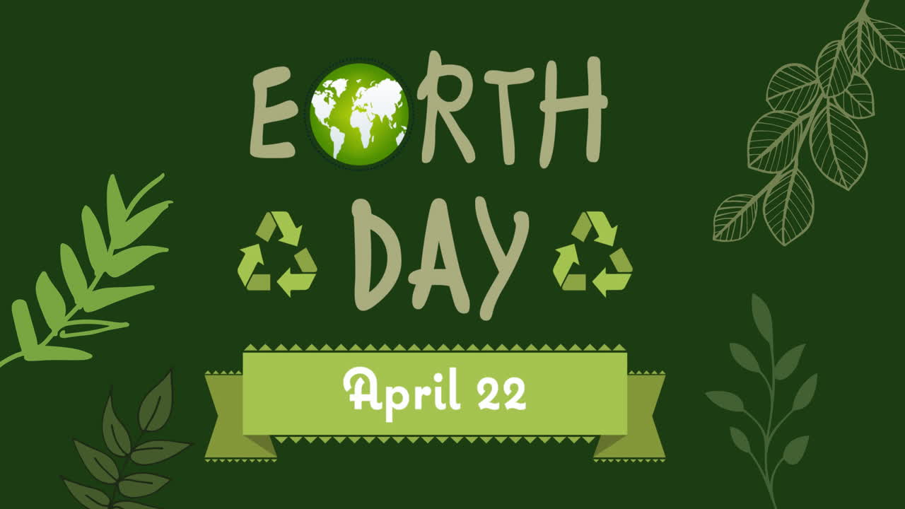 Animation of earth day and leaves on green background