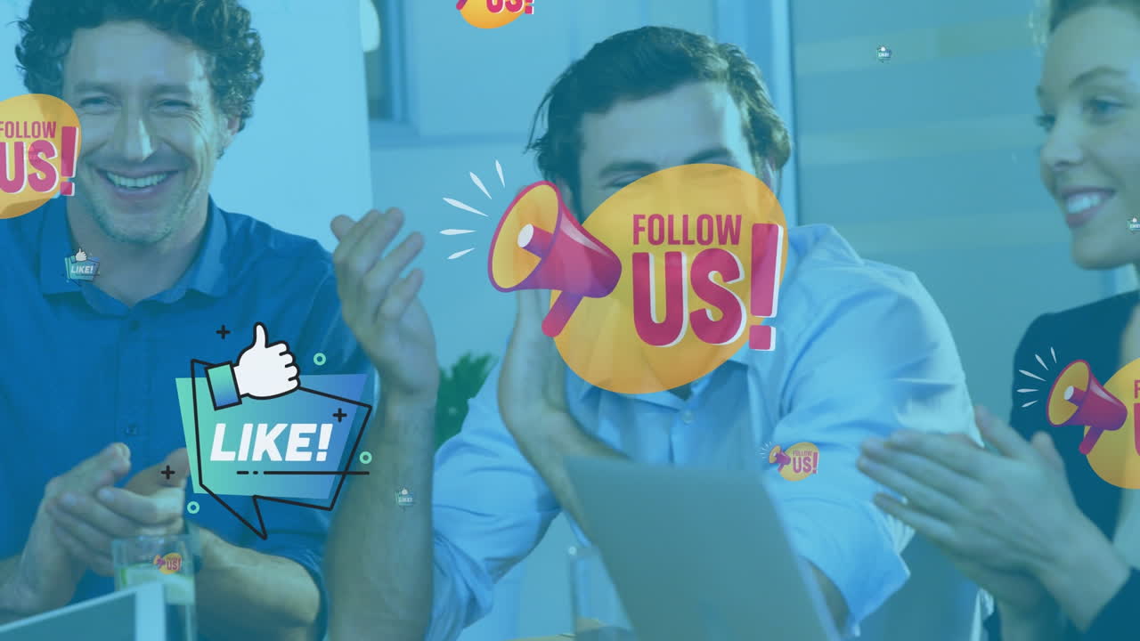 Animation of online social media icons over diverse business people clapping