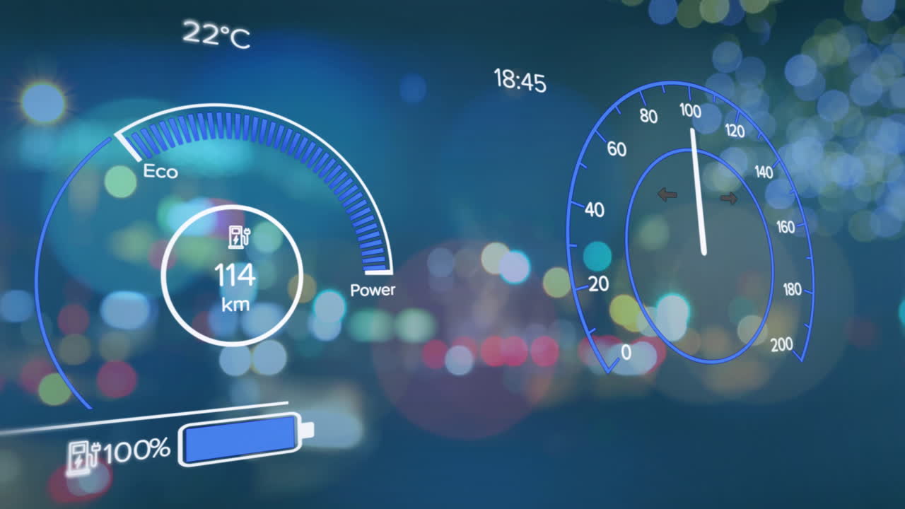 animación del procesamiento de datos del velocímetro de coches eléctricos sobre la ciudad
