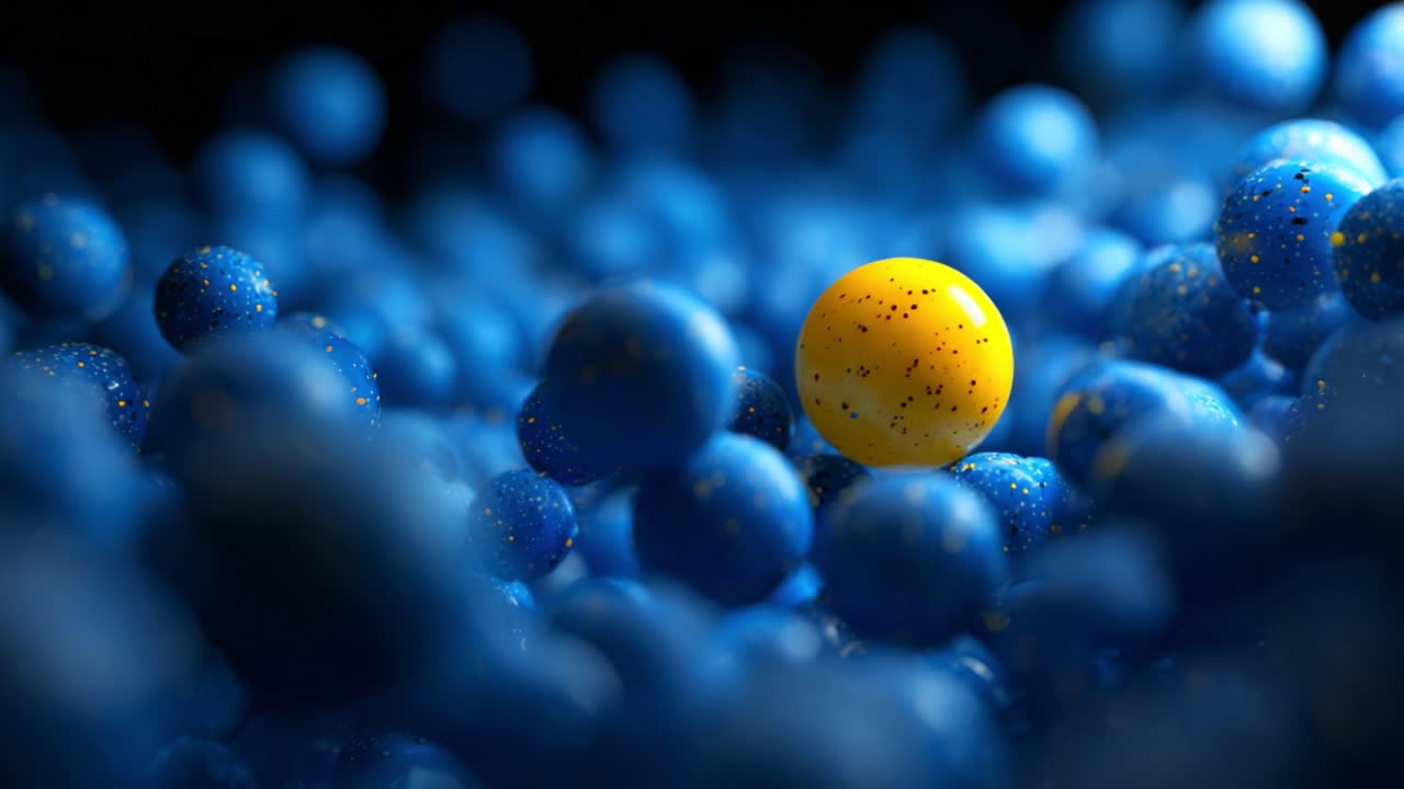 A stunning visual representation of isolated spheres with a vibrant yellow sphere amidst a multitude of blue spheres, showcasing an artistic blend of colors and textures in a dynamic environment