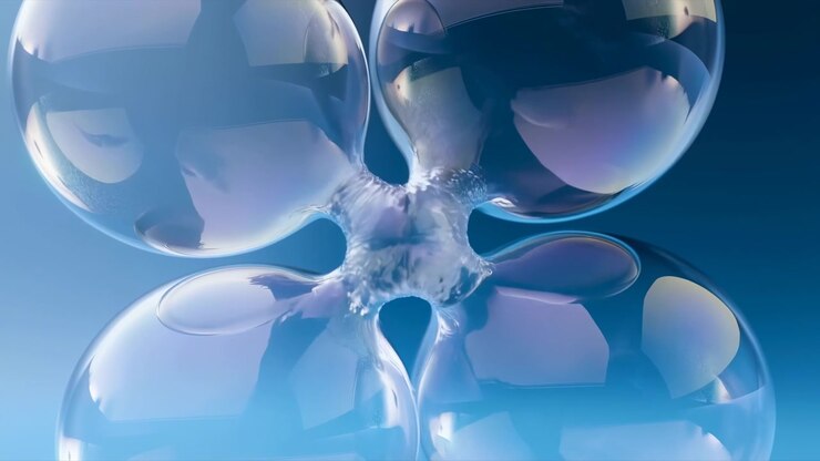 Transparent soap bubbles cluster in abstract studio setting, merging at contact points with frothy junctions, blue gradient backdrop, iridescent highlights, soft reflections, and clean minimal