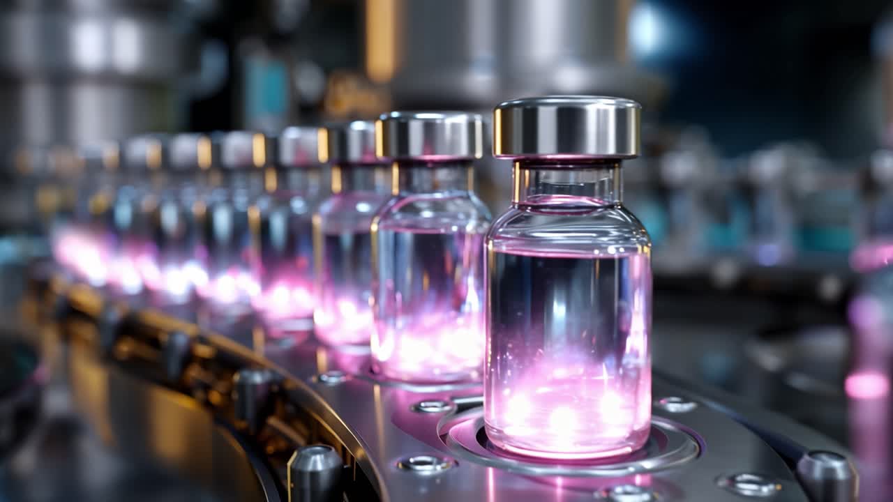 A Glimpse into the High-Tech Manufacturing Process of Glass Vials for Pharmaceuticals with Illuminated Bottles on a Modern Production Line