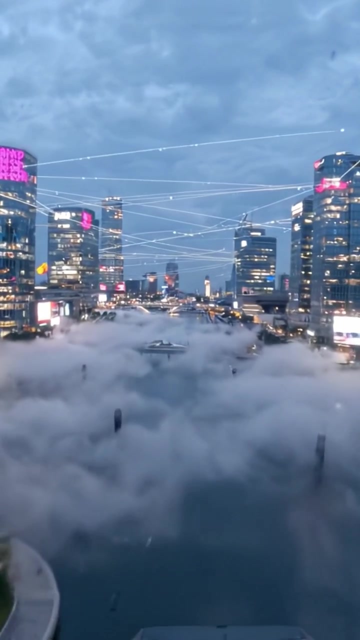 A Serene Urban River Scene at Dusk, Shrouded in Soft Fog, Vibrant Lights Reflecting on Water, Surrounded by Modern Skyscrapers Against a Dramatic Sky.