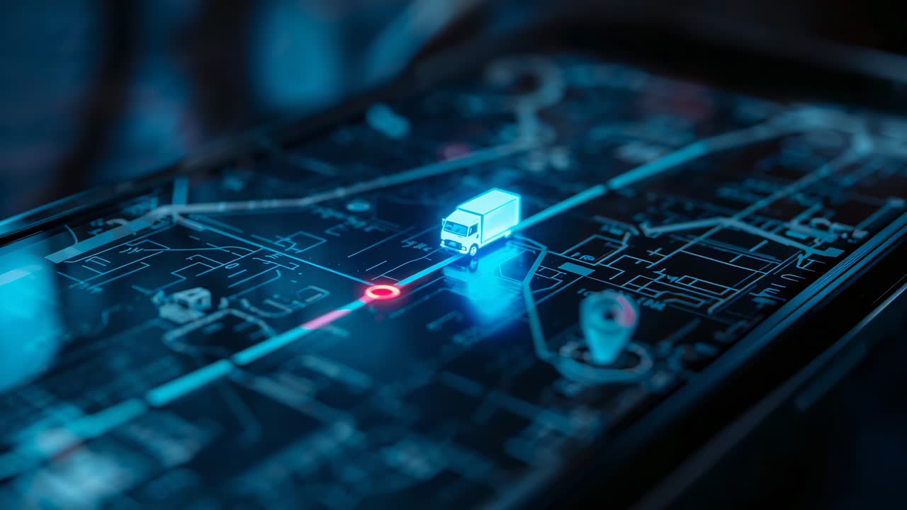 Pulsing red waypoint marker guiding truck icon along tablet map at desk to reach location pin