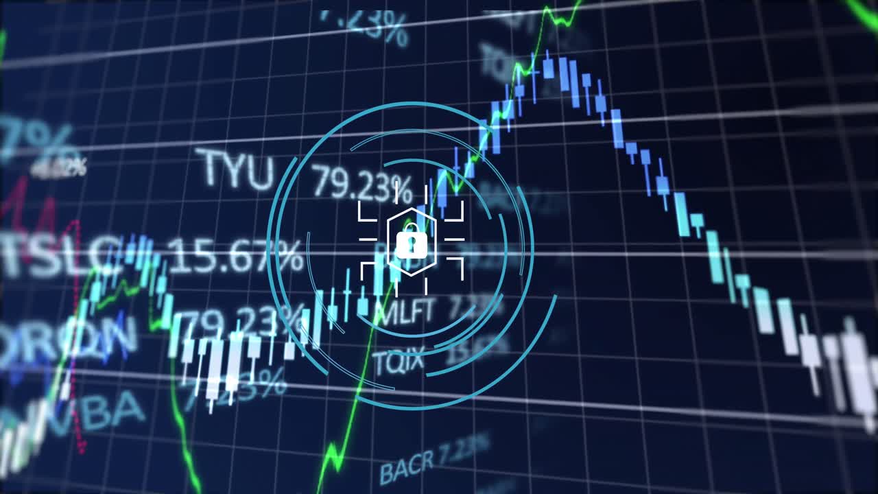 Animation of financial data processing over dark background